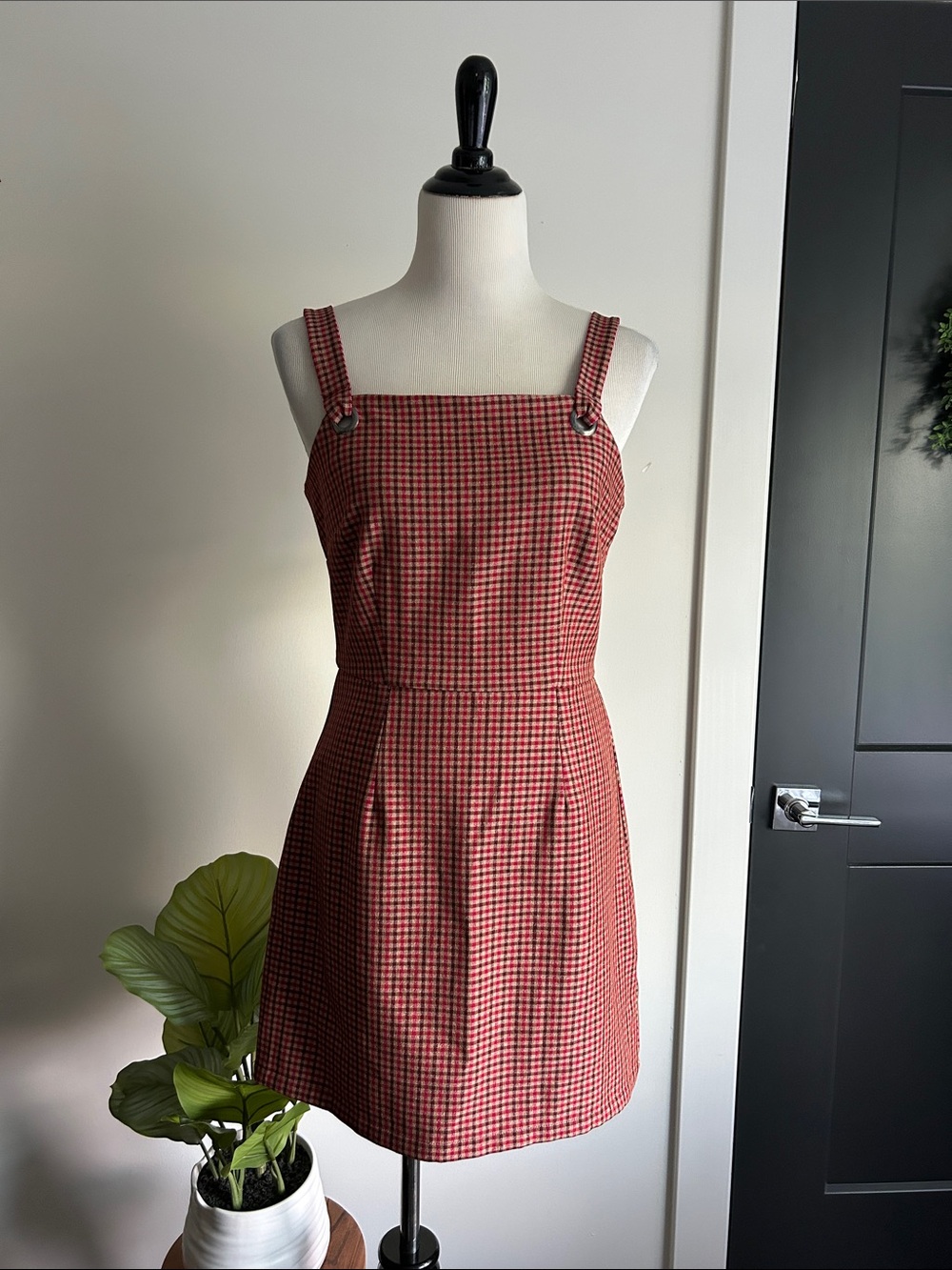 Juniors M Checked Square-Neck Mini Dress in plaid plum tan bright pink